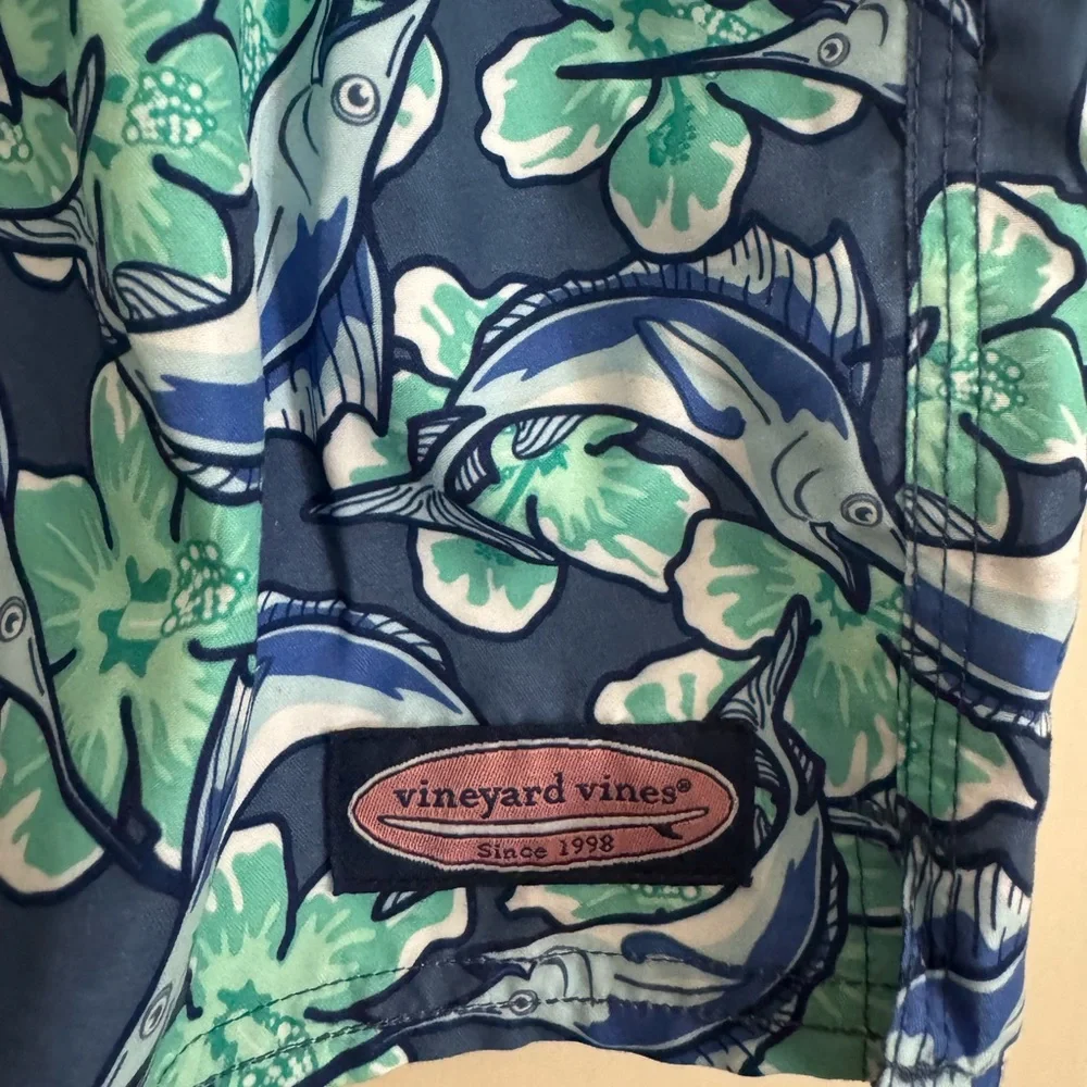 Vineyard Vines kids Blue and Green Floral Board Shorts